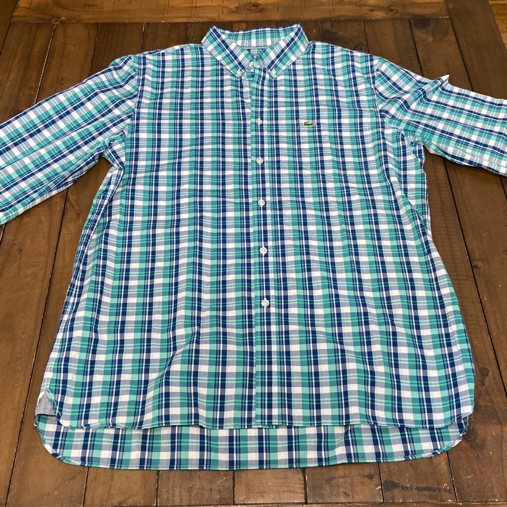 Lacoste Mens Slim Fit Plaid Button Down Shirt Teal Blue White XL‎ FR 44